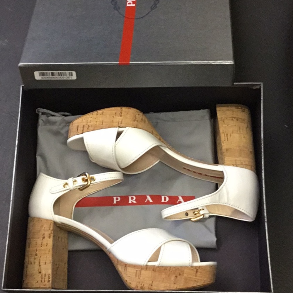 PRADA White Patent Block Heel Sandal Gold Hardware